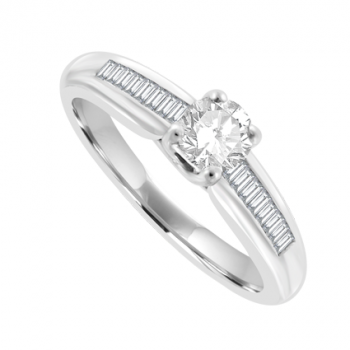 Platinum Solitaire Diamond Ring with Baguette shoulders