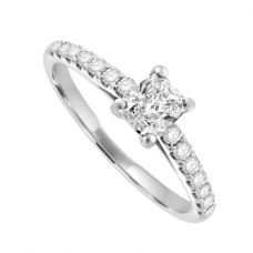 Platinum Solitaire Cushion cut ring with Diamond shoulders