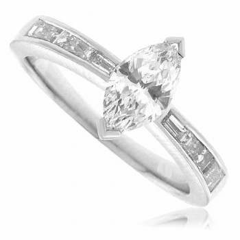 Platinum Marquise Diamond Solitaire Ring with Baguette Shoulder