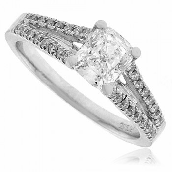 Platinum Cushion cut Diamond ring with split set shoulders