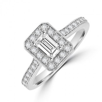 Platinum Solitaire Emerald cut Diamond Halo Ring