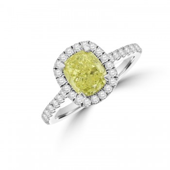 Platinum 1.52ct (GIA) Yellow Diamond Cushion Halo Ring