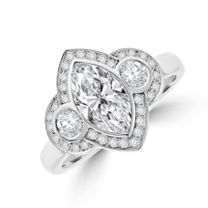 Platinum Three-stone Marquise & Brilliant Diamond Halo Ring