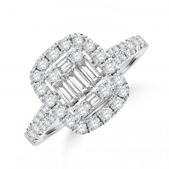 Platinum Baguette Diamond Cluster Halo Ring