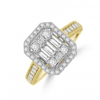 18ct Gold Baguette Diamond Cluster Halo Ring