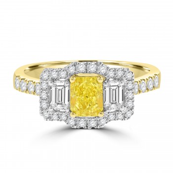 18ct Gold and Platinum Fancy Yellow Diamond Tri-cluster Ring