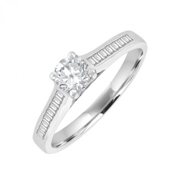 18ct White Gold Diamond Solitaire Ring with Baguette Shoulders