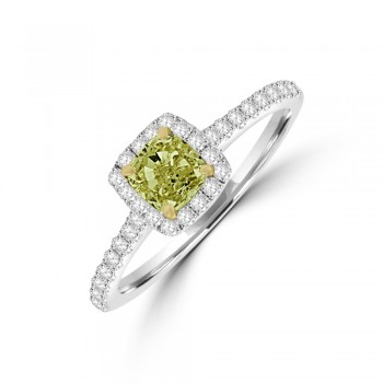 18ct White Gold Cushion Yellow Diamond Halo Ring