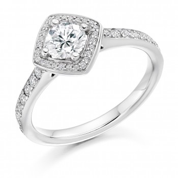 18ct White Gold Solitaire Diamond Compass Square Halo Ring