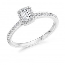 18ct White Gold Solitaire Emerald cut FVS2 Diamond Halo Ring
