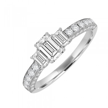 18ct White Gold 3 Stone Diamond Ring. x3 Emerald Cut Centre