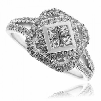 18ct White Gold Princess cut & Pave Diamond Cluster Ring