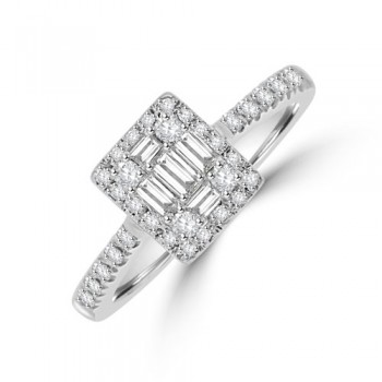 18ct White Gold Baguette .46ct Diamond Cluster Halo Ring