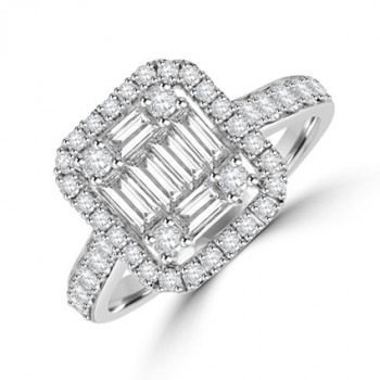 18ct White Gold Baguette Diamond Cluster Halo Ring
