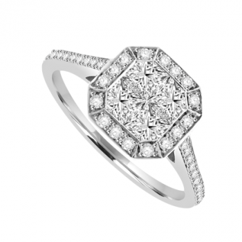 18ct White Gold Diamond Princess cut Cluster Halo Ring