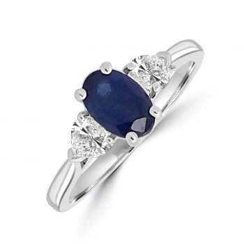 Platinum Sapphire and Heart cut Diamond Three-stone ring
