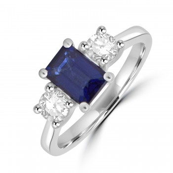 Platinum Emerald cut Sapphire and Diamond Trilogy ring