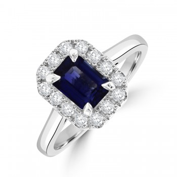 Platinum Emerald cut Sapphire Diamond Halo ring