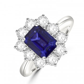 Platinum Sapphire and Diamond Emerald cut cluster ring