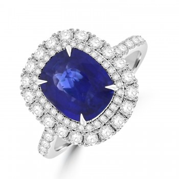 Platinum Sapphire Cushion Double Diamond Halo ring