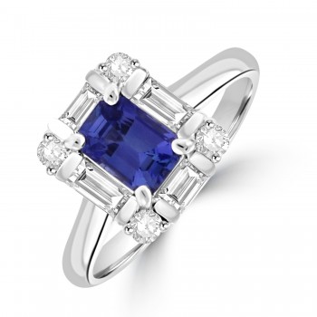 Platinum Sapphire and Diamond Baguette Cluster ring