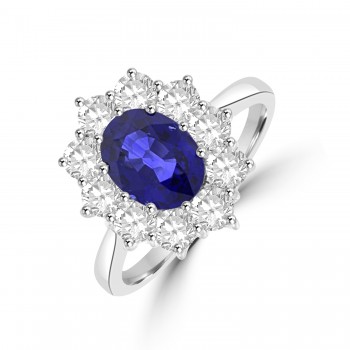 Platinum 1.46ct Blue Sapphire and Diamond Oval Cluster ring