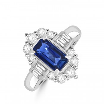 Platinum Sapphire Baguette Diamond Cluster ring