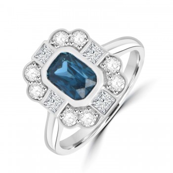 Platinum Teal Sapphire and Princess Diamond cluster ring