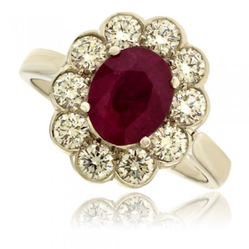Platinum Oval Ruby and Diamond Cluster Ring