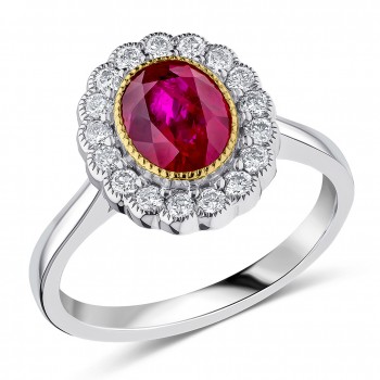 Platinum 18ct Gold Ruby and Diamond Oval Vintage Cluster