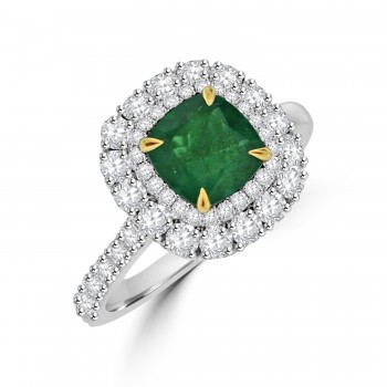 Platinum Emerald and Diamond Cushion Double Halo Ring