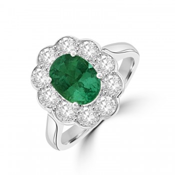 Platinum 1.18ct Emerald & Diamond Rubover edge Cluster Ring