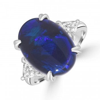Platinum Black Opal and Trillion cut Diamond Three-stone ring