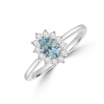Platinum Aquamarine & Diamond Oval Cluster Ring