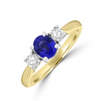 18ct Gold 3-stone .85ct Sapphire & Diamond Ring