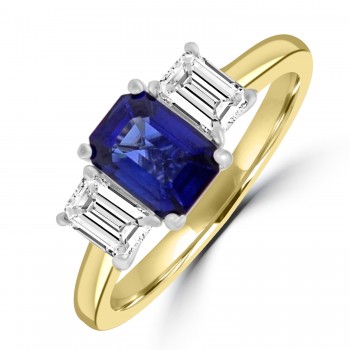 18ct Gold Three-stone Emerald cut Sapphire and Diamond ring 18ct Gold Three-stone Emerald cut Sapphire and Diamond ring