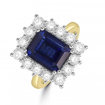 18ct Gold Platinum Emerald cut Sapphire Diamond cluster ring