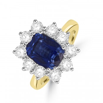18ct Gold Platinum Cushion 2.80ct Sapphire Diamond Cluster ring