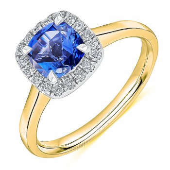 18ct Gold Platinum Cushion Sapphire Diamond Halo ring