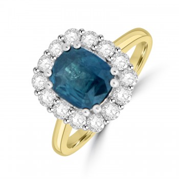 18ct Gold Platinum Cushion Teal Sapphire Diamond cluster ring 18ct Gold Platinum Cushion Teal Sapphire Diamond cluster ring