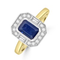 18ct Gold Platinum Emerald cut Sapphire Bezel Halo ring