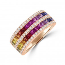 18ct Rose Gold 5-Row Rainbow Sapphire & Diamond Eternity Ring