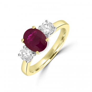 18ct Gold Three-stone 1.20ct Oval Ruby & Diamond Ring