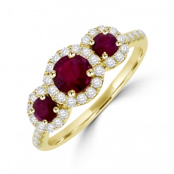 18ct Gold Triple Cluster Ruby Diamond Halo Ring