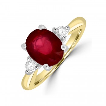 18ct Gold oval Ruby and Diamond Three-stone ring