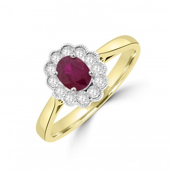 18ct Gold Ruby and Diamond Oval Cluster Millegrain Ring 18ct Gold Ruby and Diamond Oval Cluster Millegrain Ring
