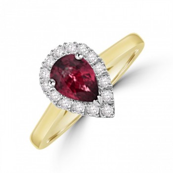 18ct Gold Pear cut Ruby Diamond Halo Ring
