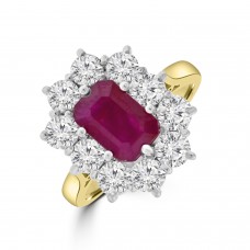 18ct Gold Emerald cut 2.39ct  Ruby & Diamond Cluster Ring