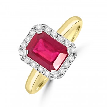 18ct Gold 2.11ct Ruby and Diamond Emerald cut halo ring