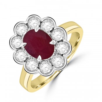 18ct Gold Platinum Ruby and Diamond Oval Cluster ring